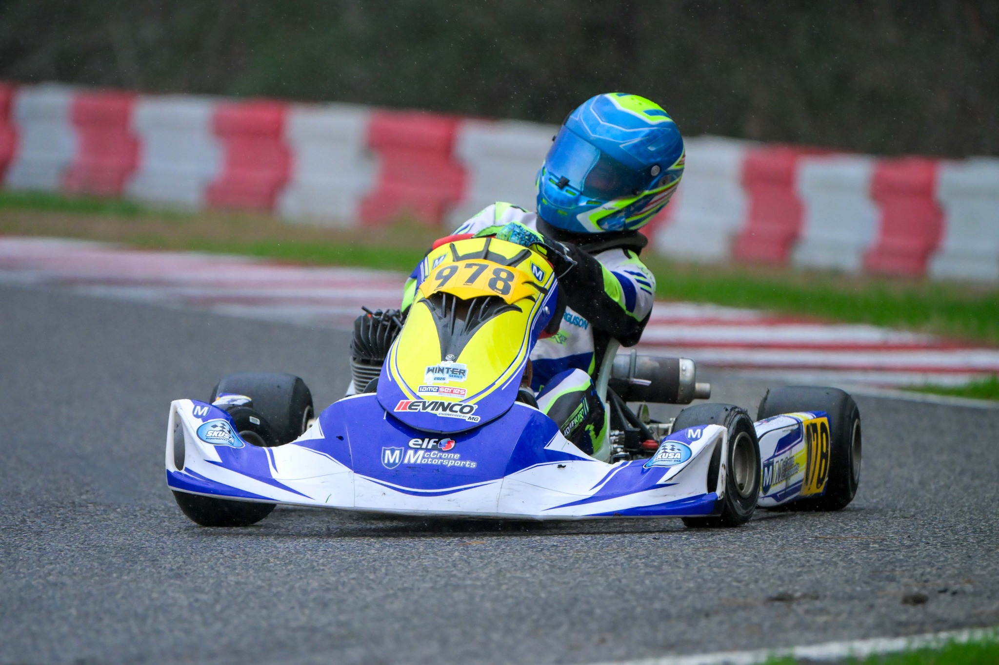 Derek Wargo racing in the rain at the SKUSA Winter Series